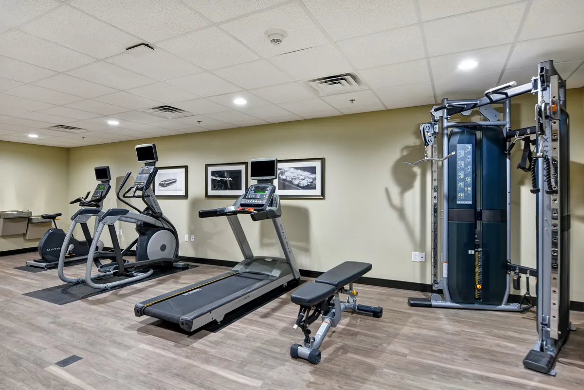 A modern fitness center equipped with treadmills, elliptical machines, weight benches, and a multi-gym station. The space feels energetic and motivational, ideal for guests looking to maintain their fitness routine during their stay.